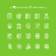 Set of White Education Icons on Green Background