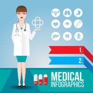 Medical infographic Young smiling woman doctor with stethoscope