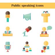 Set of isolated flat icons on public speaking theme with
