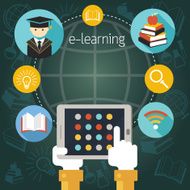 Hand with Tablet E-Learning Icons Frame