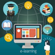 Computer Monitor and Hand Click Mouse with E-Learning Icons