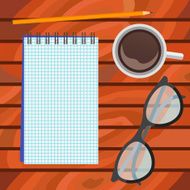 Notebook glasses pencil and cup of coffee Top view