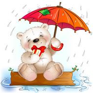 Teddy bear sits with a gift under the umbrella