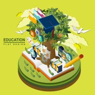 flat 3d isometric education concept illustration over green