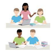 man and woman study together illustration