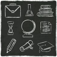 Education icons set on old black board