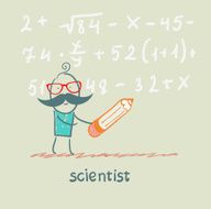 scientist holding pen writes equation