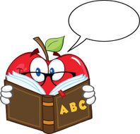 Smiling Apple Teacher Character Reading A Book With Speech Bubble