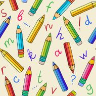 Seamless pattern with colorful pencils letters numbers and signs