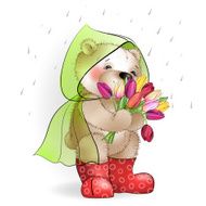 Bear with a bouquet of tulips standing in the rain1