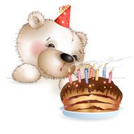 Bears blows out candles on the cake