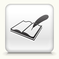 Square Button with Open Book and Quill Pen