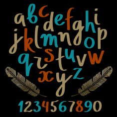 Hand drawn alphabet numbers feathers