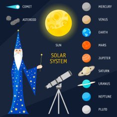 Solar System objects Bright funny cartoon illustration with magician astrologer