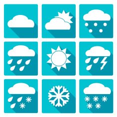Blue square icons set of weather forecast