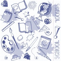 Freehand drawing school items on a sheet of exercise book N2