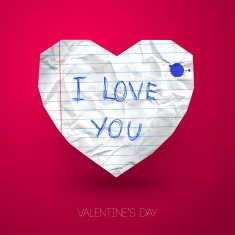Paper heart with handwritten message on pink backdrop