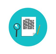 Flat magnifying glass with page and pencil