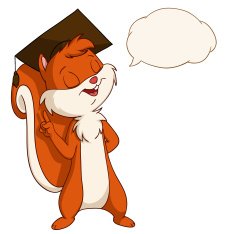 Cartoon squirrel in graduated hat with talk bubble
