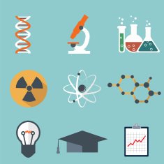 Science flat icons set DNA atom microscope