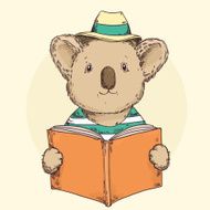 Cute hipster koala in hat reading a book