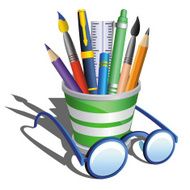 pencil holder and eyeglasses