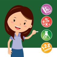 Cheerful teacher with education icons Teaching