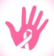 Breast cancer awareness logo hand print and pink ribbon icon