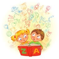 Boy and girl reading a magic book N2