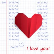 Red paper origami heart in exercise book on mathematics