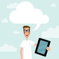 Cloud Computing geek guy showing tablet