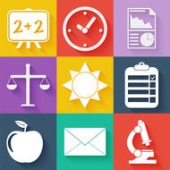 Flat white business and education icons set