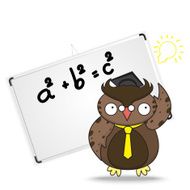 Cartoon wise owl in graduation cap and whiteboard