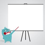 Vector Cartoon Monster pointing a Blank White Board