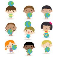 Happy smiling multicultural kids with the earth N2