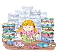 Little Girl Reading With Stacks Of Books N2