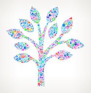 A colorful tree made up with educational icons in the pattern of a tree