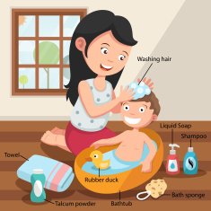 Mother washing her child 's hair with love illustration vector N2