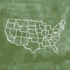 USA map sketched on green chalkboard background N2