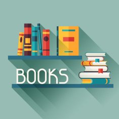 Card with books on bookshelves in flat design style