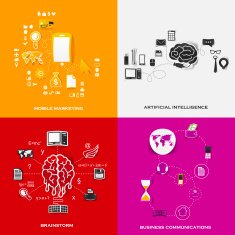 Set of modern stickers Concept mobile marketing artificial intelligence brainstorm
