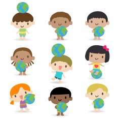 Happy smiling multicultural kids with the earth N2