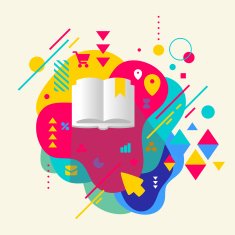 Book on abstract colorful spotted background with different elem
