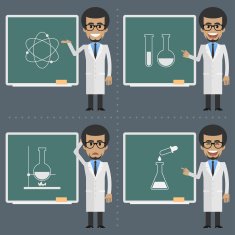 Adult scientist indicates to chalkboard