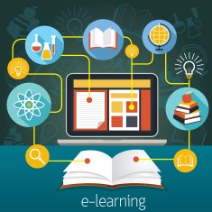 Book and Laptop with E-Learning Icons
