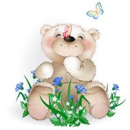 Happy Teddy bear sits in a meadow flowers1