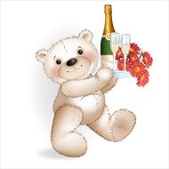 Smiling Bear with champagne and a bouquet of red flowers