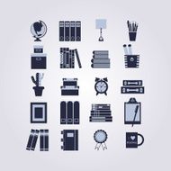 Educational library studyng and shelf decoration icons set