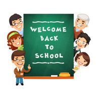 Teacher Points to the Blackboard with Welcome Back School Phr