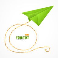 Green paper plane on blue sky and text box